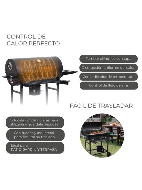 Parrilla Tambor a Carbón Relan BBQ Black con Tapa y Ruedas-4