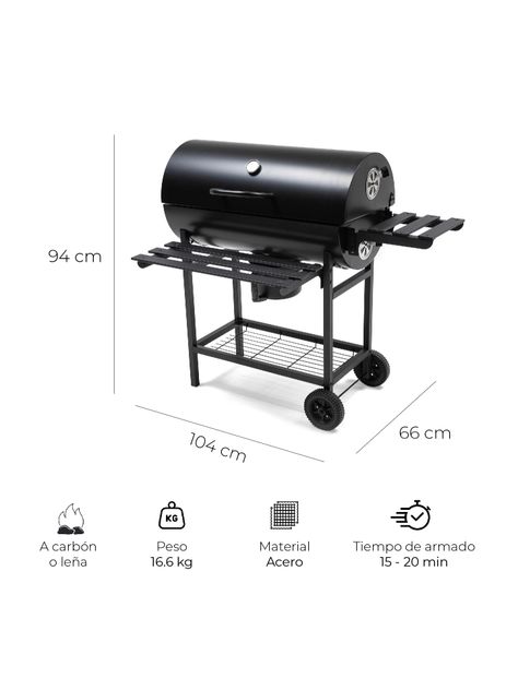 Parrilla Tambor a Carbón Relan BBQ Black con Tapa y Ruedas-2