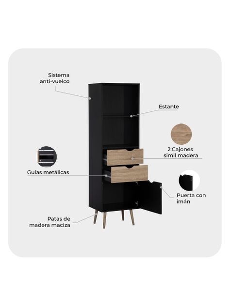 Estante Librero Top Living Gotemburgo Black Nórdico con Cajones-3