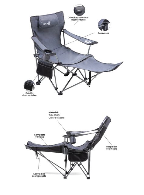 Silla Reposera Plegable Camping Kano con Reposapies-5