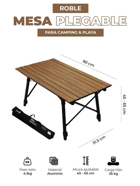 Mesa Plegable Kano Roble Portátil y Ajustable para Camping-2