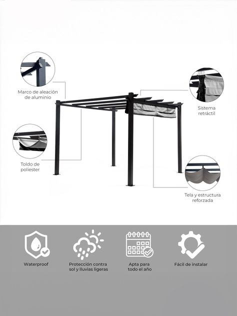 Pérgola Retráctil Gris Relan Tipo Romana Gazebo Toldo 3x3-3