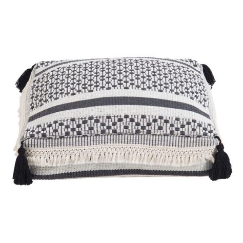 Pouf / Puff Cubo Bajo Con Flecos Blanco y Negro Relan-2