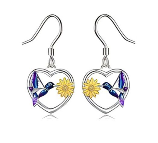 Aros Plata Solida 925 Colibrí Girasol Regalo Mujer Joyas-0