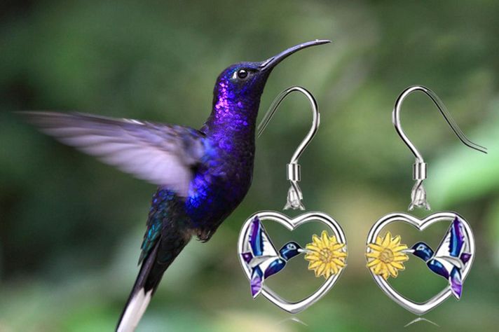 Aros Plata Solida 925 Colibrí Girasol Regalo Mujer Joyas-2