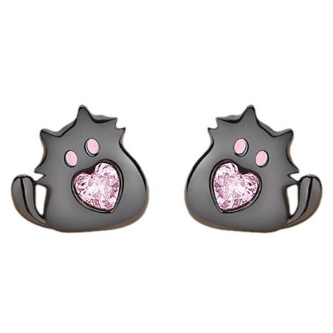 Aros Plata 925 Gato Gatito Suertudo Negro Corazón Rosa Amor-0