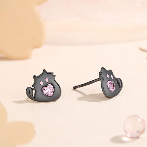 Aros Plata 925 Gato Gatito Suertudo Negro Corazón Rosa Amor-3