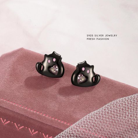 Aros Plata 925 Gato Gatito Suertudo Negro Corazón Rosa Amor-4