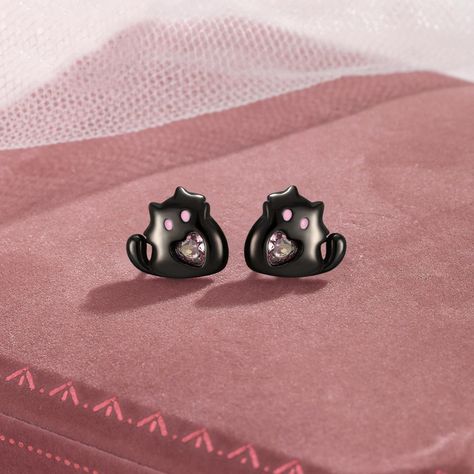 Aros Plata 925 Gato Gatito Suertudo Negro Corazón Rosa Amor-5
