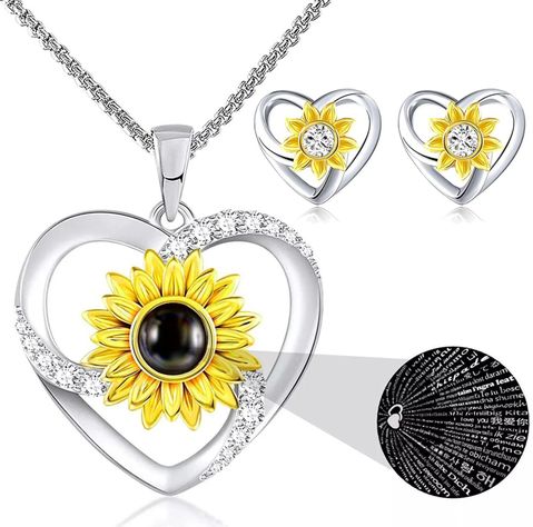 Set Conjunto Collar Aros Girasol Te Amo 100 Idiomas Mujer-0