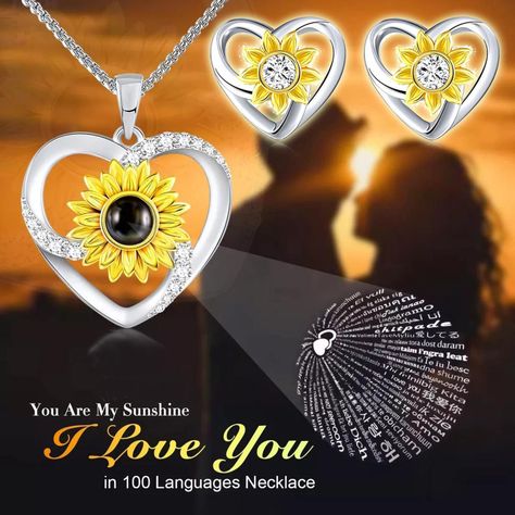 Set Conjunto Collar Aros Girasol Te Amo 100 Idiomas Mujer-1