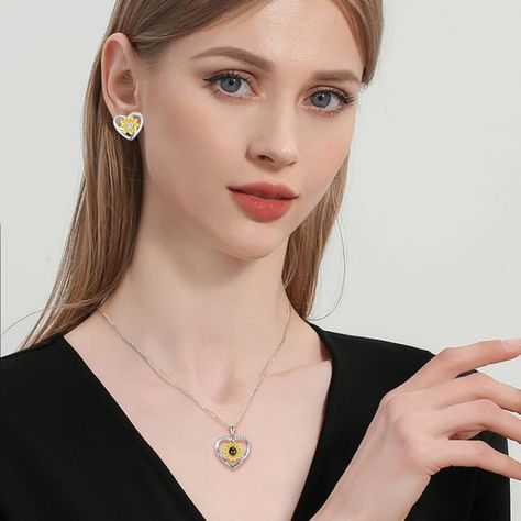 Set Conjunto Collar Aros Girasol Te Amo 100 Idiomas Mujer-2