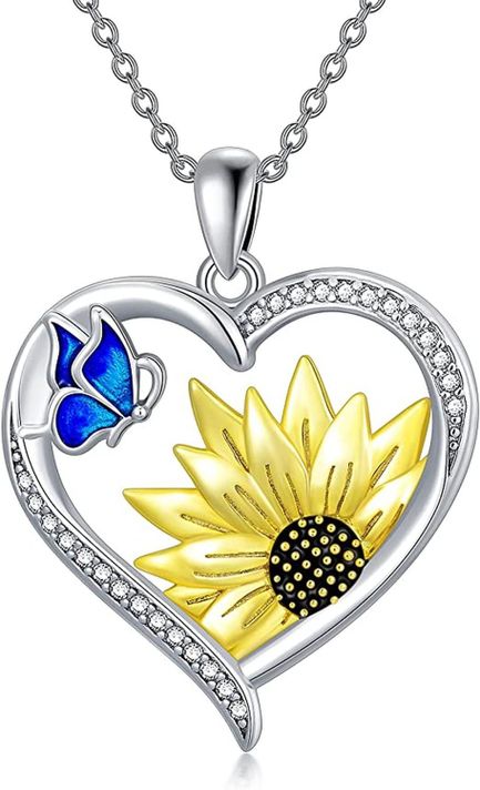 Collar Girasol Plata Ley 925 con Mariposa Azul Joyas Mujer-0