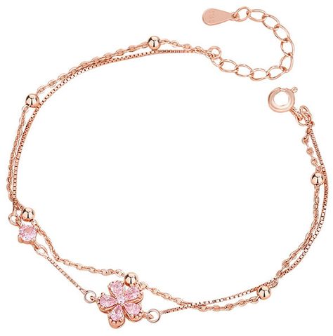 Pulsera Plata 925 Multicapa Flores de Durazno Circonios Rosa-0