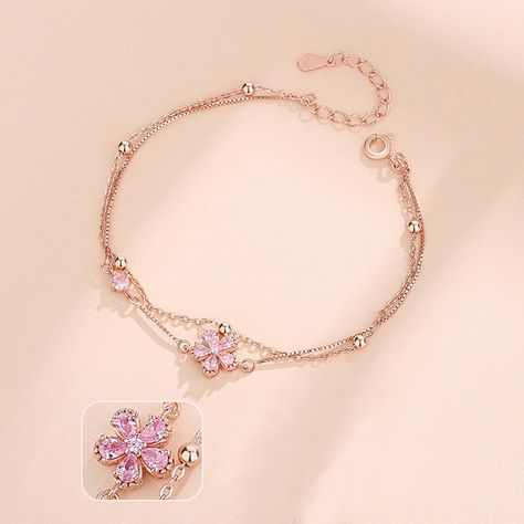 Pulsera Plata 925 Multicapa Flores de Durazno Circonios Rosa-1