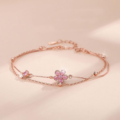 Pulsera Plata 925 Multicapa Flores de Durazno Circonios Rosa-2