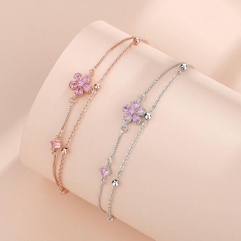 Pulsera Plata 925 Multicapa Flores de Durazno Circonios Rosa-3