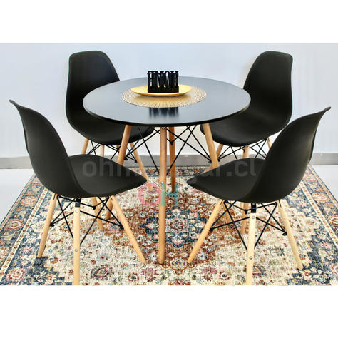 Comedor Redondo Negro 80cm + 4 Sillas Eames Clásicas Negro-1