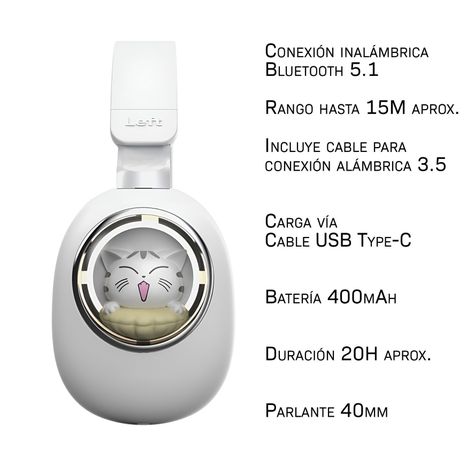 Audífono Bluetooth Diseño Kwai Cat Celeste-4