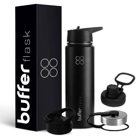 Termo Botella Agua Termica Buffer Acero Inoxidable +4 Tapas Negro-0