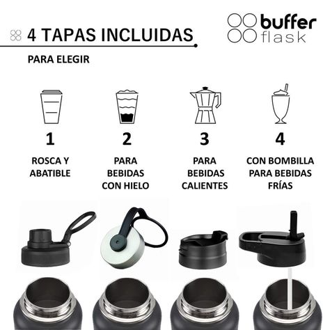 Termo Botella Agua Termica Buffer Acero Inoxidable +4 Tapas Negro-1