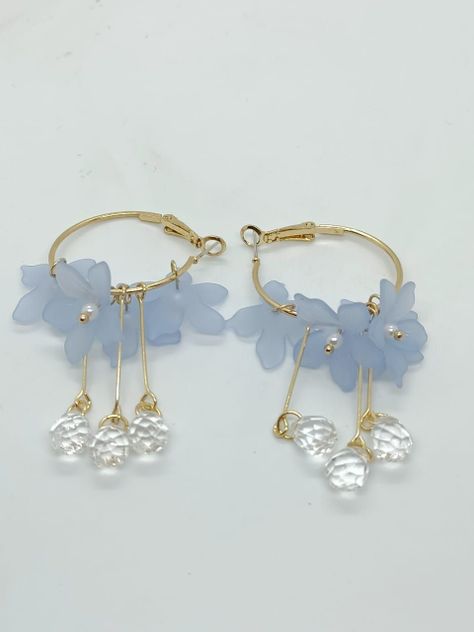 Aros pendientes largos flores azul índigo pétalos primaveral-3