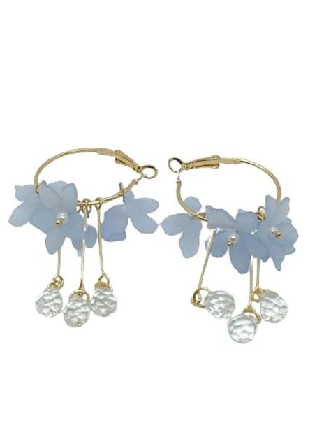 Aros pendientes largos flores azul índigo pétalos primaveral-0