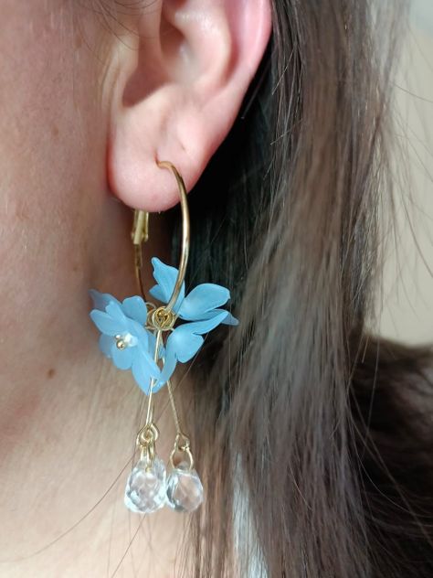 Aros pendientes largos flores azul índigo pétalos primaveral-1