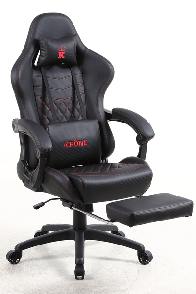 Silla Gamer Krone XL Reclinable + Masaje Lumbar + Apoyapiés - Negra-2