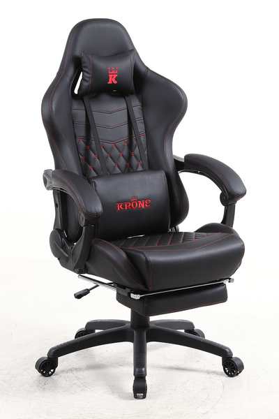 Silla Gamer Krone XL Reclinable + Masaje Lumbar + Apoyapiés - Negra-0