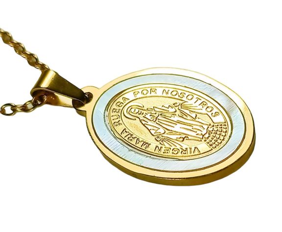 Colgante Medalla Virgen Maria Nacar Chapada En Oro-3
