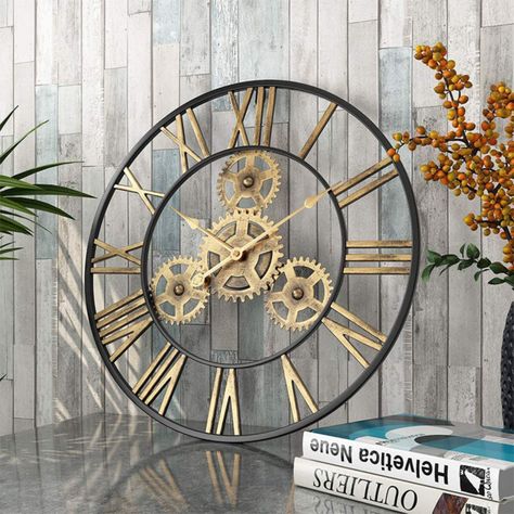 Reloj Mural Clásico Negro Metalico Numeros Dorados-1