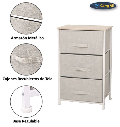 Cajonera Velador Organizador 3 Cajones Metal Madera Tela-1