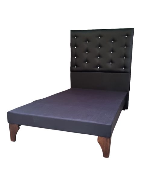 Base Cama Europea 1.5 plazas + Respaldo a Piso Negro Eco Cuero Botón Diamante -2
