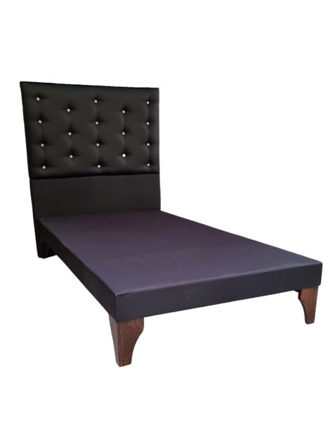 Base Cama Europea 1.5 plazas + Respaldo a Piso Negro Eco Cuero Botón Diamante -1
