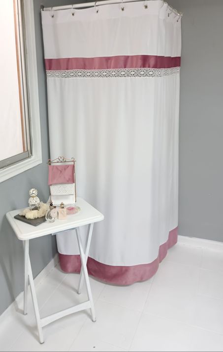 Cortina De Baño Bolillo Rosa-0