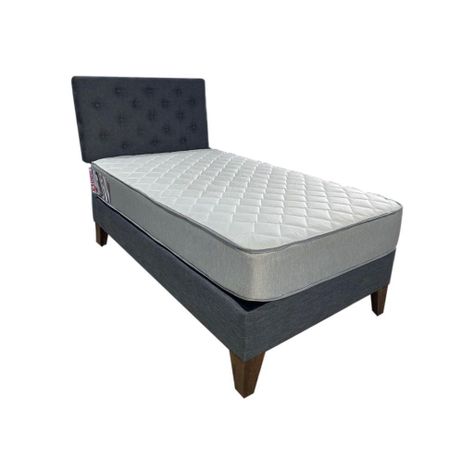 Cama Americana 1P + Colchon de resortes + Respaldo Gris Grafito Oscuro Pmadera-2