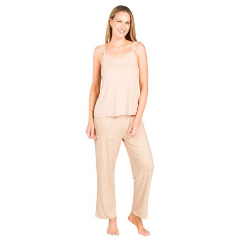 Pijama Pantalón Recto Y Polera Pabilo Viscosa Caffarena Beige-0