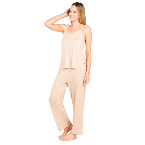 Pijama Pantalón Recto Y Polera Pabilo Viscosa Caffarena Beige-1