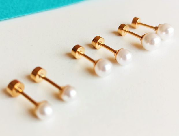 Aros Perlas 6mm tuerca tapa seguridad chapado oro 18kl-5