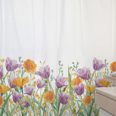 CORTINA DE BAÑO ALGODÓN JARDÍN DE FLORES TULIPÁN LILA-1
