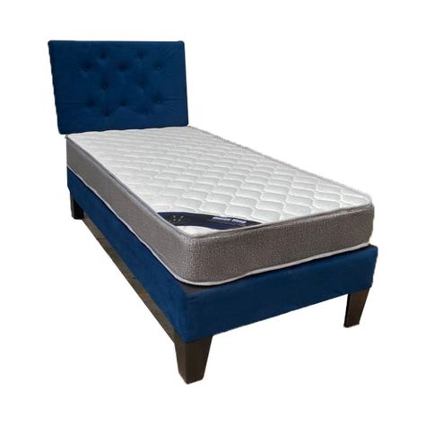 Cama Americana 1.5P + Colchon de resortes + Respaldo Azul Marino Felpa Pmadera-0