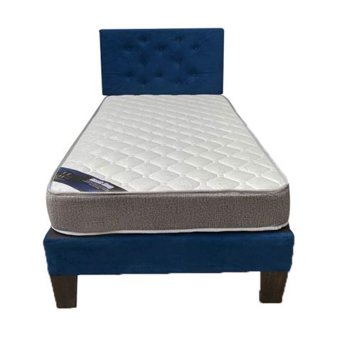 Cama Americana 1.5P + Colchon de resortes + Respaldo Azul Marino Felpa Pmadera-1