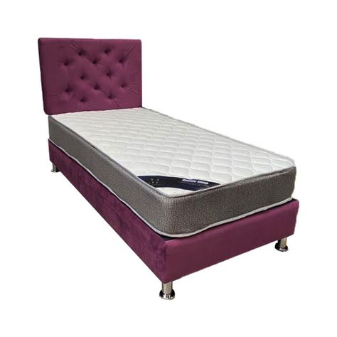 Cama Americana 1P + Colchon de resortes + Respaldo Morada Felpa Pmetal-0