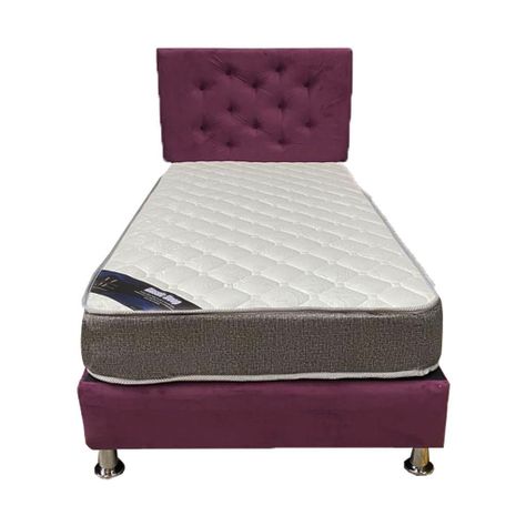 Cama Americana 1P + Colchon de resortes + Respaldo Morada Felpa Pmetal-1