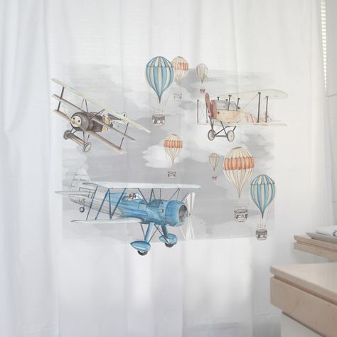 CORTINA DE BAÑO ALGODÓN AVIONES Y GLOBOS-1