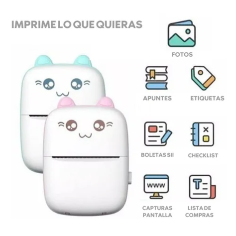 Mini Impresora Térmica Gatito Portátil 3 Rollos Adhesivos de Colores-1