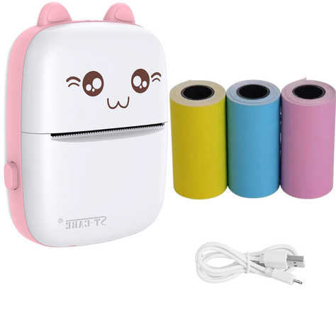 Mini Impresora Térmica Gatito Portátil 3 Rollos Adhesivos de Colores-0