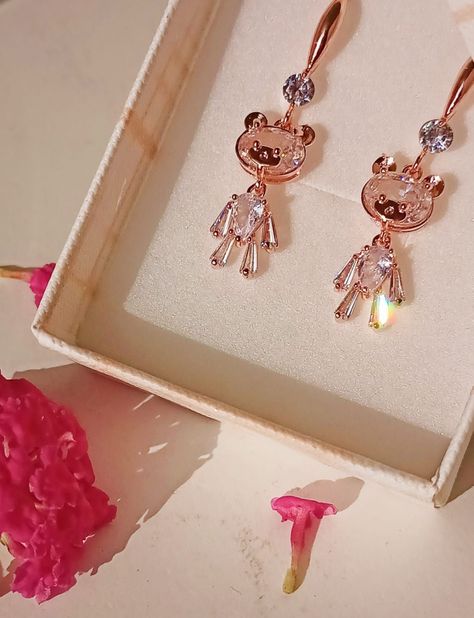 Pendientes de Oso de Zirconio blanco con baño de oro rosa 14kl-1