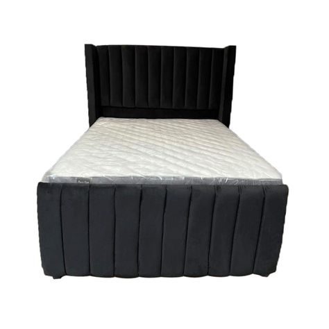 Cama Americana 2P + Colchon de resortes + Respaldo Negro Felpa Tubular2-2